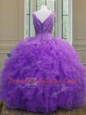 Captivating Ball Gowns 15th Birthday Dress Purple V-neck Organza Sleeveless Floor Length Zipper