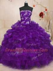 Purple Strapless Lace Up Beading and Appliques and Ruffles Sweet 16 Quinceanera Dress Sleeveless