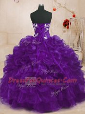 Purple Strapless Lace Up Beading and Appliques and Ruffles Sweet 16 Quinceanera Dress Sleeveless