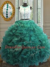 Scoop Sleeveless Organza Ball Gown Prom Dress Appliques and Ruffles Clasp Handle