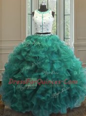 Scoop Sleeveless Organza Ball Gown Prom Dress Appliques and Ruffles Clasp Handle