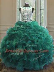 Scoop Sleeveless Organza Ball Gown Prom Dress Appliques and Ruffles Clasp Handle