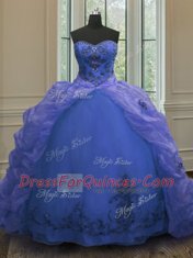 Great Blue Sleeveless With Train Beading and Appliques and Pick Ups Lace Up Quinceanera Gown