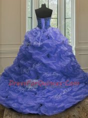 Great Blue Sleeveless With Train Beading and Appliques and Pick Ups Lace Up Quinceanera Gown