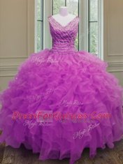 Comfortable Floor Length Ball Gowns Sleeveless Fuchsia Quinceanera Gowns Zipper
