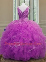 Comfortable Floor Length Ball Gowns Sleeveless Fuchsia Quinceanera Gowns Zipper