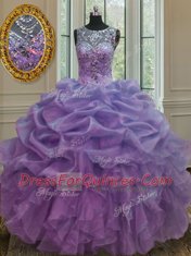 Scoop Organza Sleeveless Floor Length Vestidos de Quinceanera and Beading and Ruffles and Pick Ups