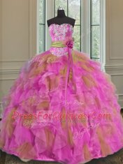 Sophisticated Multi-color Organza Lace Up Sweetheart Sleeveless Floor Length Quince Ball Gowns Beading and Ruffles and Sashes ribbons