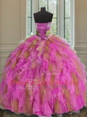 Sophisticated Multi-color Organza Lace Up Sweetheart Sleeveless Floor Length Quince Ball Gowns Beading and Ruffles and Sashes ribbons