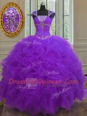 Charming Purple Lace Up Straps Beading and Ruffles and Sequins Sweet 16 Dress Organza Cap Sleeves