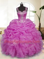 Free and Easy Lilac Ball Gowns Straps Sleeveless Organza Floor Length Zipper Beading and Ruffles and Pick Ups Quinceanera Gowns