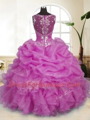 Free and Easy Lilac Ball Gowns Straps Sleeveless Organza Floor Length Zipper Beading and Ruffles and Pick Ups Quinceanera Gowns