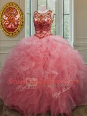 Super Scoop Sleeveless Tulle Quinceanera Gowns Beading and Ruffles Lace Up