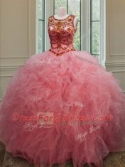 Super Scoop Sleeveless Tulle Quinceanera Gowns Beading and Ruffles Lace Up