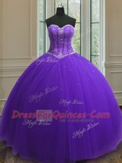Custom Designed Sleeveless Tulle Floor Length Lace Up Vestidos de Quinceanera in Purple with Beading and Sequins