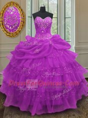 Fancy Halter Top Pick Ups Ruffled Purple Sleeveless Organza Lace Up Quinceanera Gown for Military Ball and Sweet 16 and Quinceanera