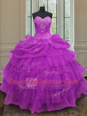 Fancy Halter Top Pick Ups Ruffled Purple Sleeveless Organza Lace Up Quinceanera Gown for Military Ball and Sweet 16 and Quinceanera