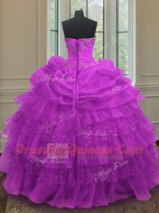 Fancy Halter Top Pick Ups Ruffled Purple Sleeveless Organza Lace Up Quinceanera Gown for Military Ball and Sweet 16 and Quinceanera