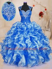 Enchanting Sleeveless Organza Floor Length Lace Up Quinceanera Dress in Royal Blue with Beading and Ruffles