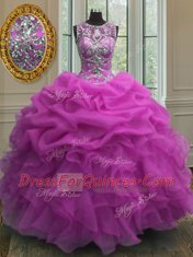 Scoop Sleeveless Floor Length Beading and Ruffles and Pick Ups Lace Up Ball Gown Prom Dress with Fuchsia