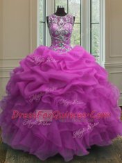 Scoop Sleeveless Floor Length Beading and Ruffles and Pick Ups Lace Up Ball Gown Prom Dress with Fuchsia