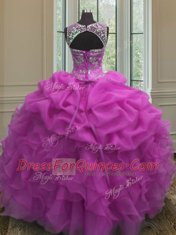 Scoop Sleeveless Floor Length Beading and Ruffles and Pick Ups Lace Up Ball Gown Prom Dress with Fuchsia