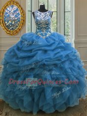Beauteous Scoop Beading and Ruffles and Pick Ups 15th Birthday Dress Blue Lace Up Sleeveless Floor Length