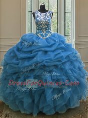 Beauteous Scoop Beading and Ruffles and Pick Ups 15th Birthday Dress Blue Lace Up Sleeveless Floor Length
