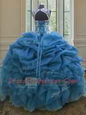 Beauteous Scoop Beading and Ruffles and Pick Ups 15th Birthday Dress Blue Lace Up Sleeveless Floor Length