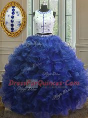 Perfect Scoop Royal Blue Sleeveless Floor Length Appliques and Ruffles Clasp Handle 15 Quinceanera Dress