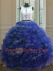 Perfect Scoop Royal Blue Sleeveless Floor Length Appliques and Ruffles Clasp Handle 15 Quinceanera Dress