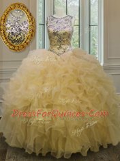 Attractive Floor Length Light Yellow Quinceanera Gown Scoop Sleeveless Lace Up