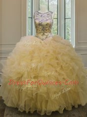 Attractive Floor Length Light Yellow Quinceanera Gown Scoop Sleeveless Lace Up