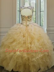 Attractive Floor Length Light Yellow Quinceanera Gown Scoop Sleeveless Lace Up