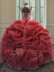 Scoop Coral Red Lace Up Quince Ball Gowns Beading and Ruffles and Pick Ups Sleeveless Floor Length