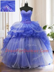 Wonderful Blue Lace Up Sweetheart Beading and Ruffled Layers Quinceanera Dresses Organza Sleeveless Court Train