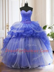 Wonderful Blue Lace Up Sweetheart Beading and Ruffled Layers Quinceanera Dresses Organza Sleeveless Court Train