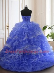 Wonderful Blue Lace Up Sweetheart Beading and Ruffled Layers Quinceanera Dresses Organza Sleeveless Court Train