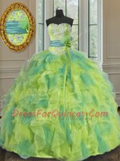 Romantic Floor Length Lace Up Sweet 16 Dresses Multi-color for Military Ball and Sweet 16 and Quinceanera with Beading and Appliques and Ruffles and Sashes ribbons and Hand Made Flower