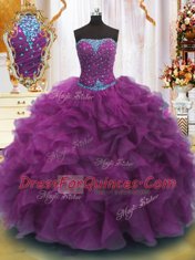 Glorious Strapless Sleeveless Lace Up Quinceanera Dress Purple Organza