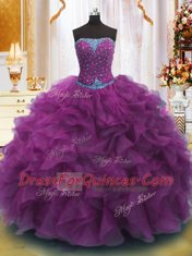 Glorious Strapless Sleeveless Lace Up Quinceanera Dress Purple Organza