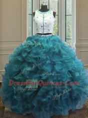 Scoop Sleeveless Organza Floor Length Clasp Handle Quinceanera Gowns in Teal with Beading and Ruffles