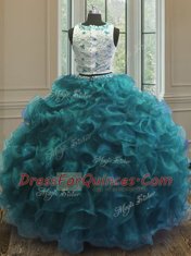 Scoop Sleeveless Organza Floor Length Clasp Handle Quinceanera Gowns in Teal with Beading and Ruffles