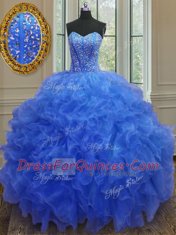 Blue Sweetheart Neckline Beading and Ruffles Quinceanera Dress Sleeveless Lace Up