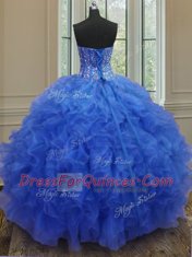 Blue Sweetheart Neckline Beading and Ruffles Quinceanera Dress Sleeveless Lace Up