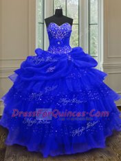 Nice Sweetheart Sleeveless 15th Birthday Dress Floor Length Beading and Ruffled Layers and Pick Ups Royal Blue Organza