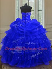 Nice Sweetheart Sleeveless 15th Birthday Dress Floor Length Beading and Ruffled Layers and Pick Ups Royal Blue Organza
