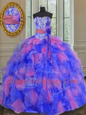 Hot Selling Multi-color Sleeveless Beading and Appliques and Ruffles and Sashes ribbons and Hand Made Flower Floor Length 15 Quinceanera Dress