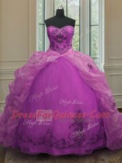 Sweetheart Sleeveless 15th Birthday Dress With Train Court Train Beading and Appliques and Pick Ups Fuchsia Organza