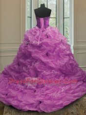 Sweetheart Sleeveless 15th Birthday Dress With Train Court Train Beading and Appliques and Pick Ups Fuchsia Organza